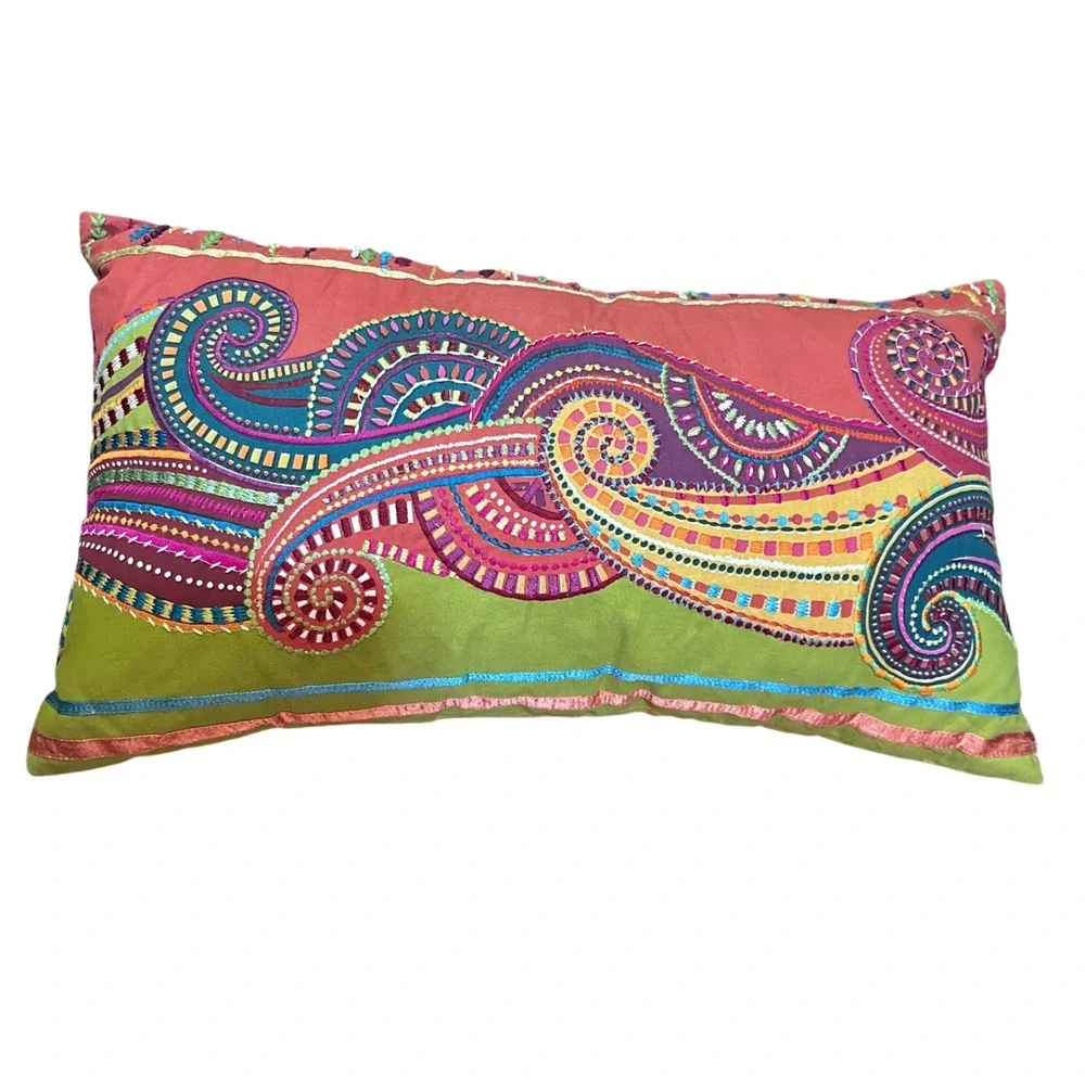 Pier 1 Lumbar Throw Pillow Multicolor Embroidered‎ Paisley Boho Swirl